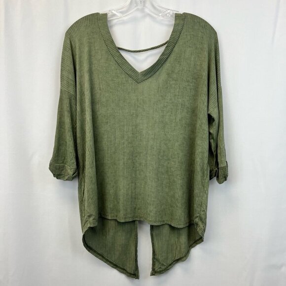 MTS Womens Blouse Green 3/4 Sleeve V Neck Back Slit Ribbed Pullover S - Picture 1 of 12